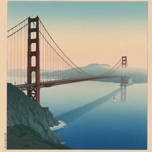 Prompt: Golden Gate Bridge, (iconic landmark), surrounded by (mystical mist and fog), in a serene (morning ambiance), soft warm hues permeating over the skyline, tranquil water reflections, (highly detailed), enchanting atmosphere, evocative mood; cinematic approach, (4K), capturing the beauty of San Francisco’s iconic essence.