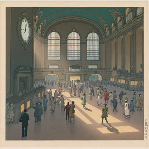 Prompt: (interior scene of Grand Central Station), bustling rush hour crowd, natural sunlight filtering through large windows, intricate architectural details, vibrant atmosphere filled with energy, shadows cast by moving figures, people in various outfits, large clock striking time, high contrast lighting, vintage elements mixed with modern, ultra-detailed, 4K quality, cinematic depth, layered with excitement.