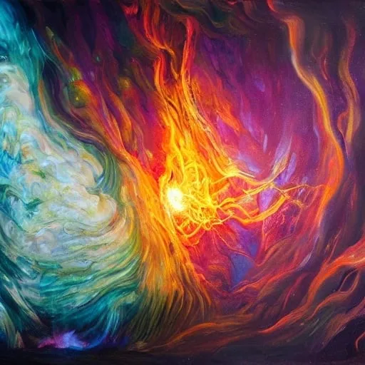Prompt: birth of the titan, painting, swirling ethereal forms, colossal presence, vibrant energy, otherworldly atmosphere, majestic and grand, high-quality, professional, vibrant colors, mystical lighting, intricate details, atmospheric, surreal, larger than life, powerful presence