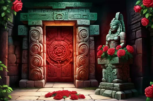 Prompt: Mayan temple door gate covered with roses, ancient stone statue, vibrant red and green, realistic painting, detailed carvings, mystical atmosphere, high quality, realistic, Mayan, roses, vibrant colors, ancient stone, detailed carvings, mystical atmosphere, realistic painting, atmospheric lighting