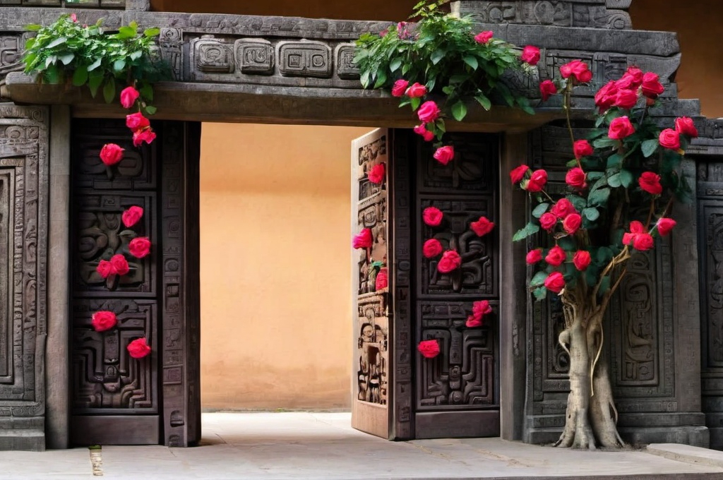 Prompt: a temple door covered with roses, Mayan temple door gate with statue on it.