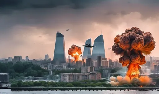 Prompt: (dramatic war city scene), 3 towering skyscrapers amidst destruction, chaotic bombing, fighter jet soaring overhead, multiple fighter planes in action, 10 bomb on the ground,intense smoke and explosions, gloomy atmosphere, dark gray and fiery orange tones, urban landscape under attack, visually striking and dynamic, ultra-detailed, 4K art quality, capturing the chaos of war. Massive Bombing