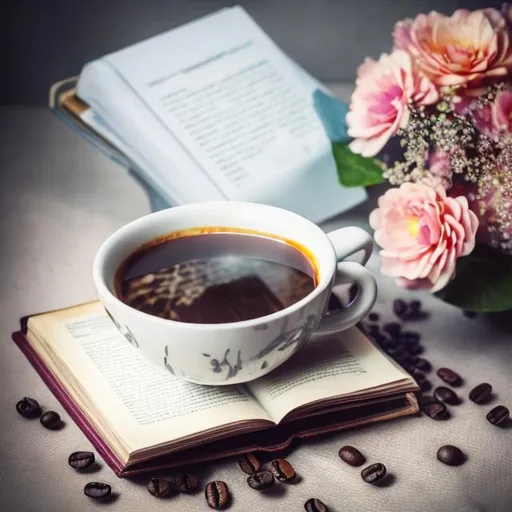 Prompt: create a high resolution, 4k, detailed, high quality, professional in this style with steaming coffee on top of 5 books and flowers on the side