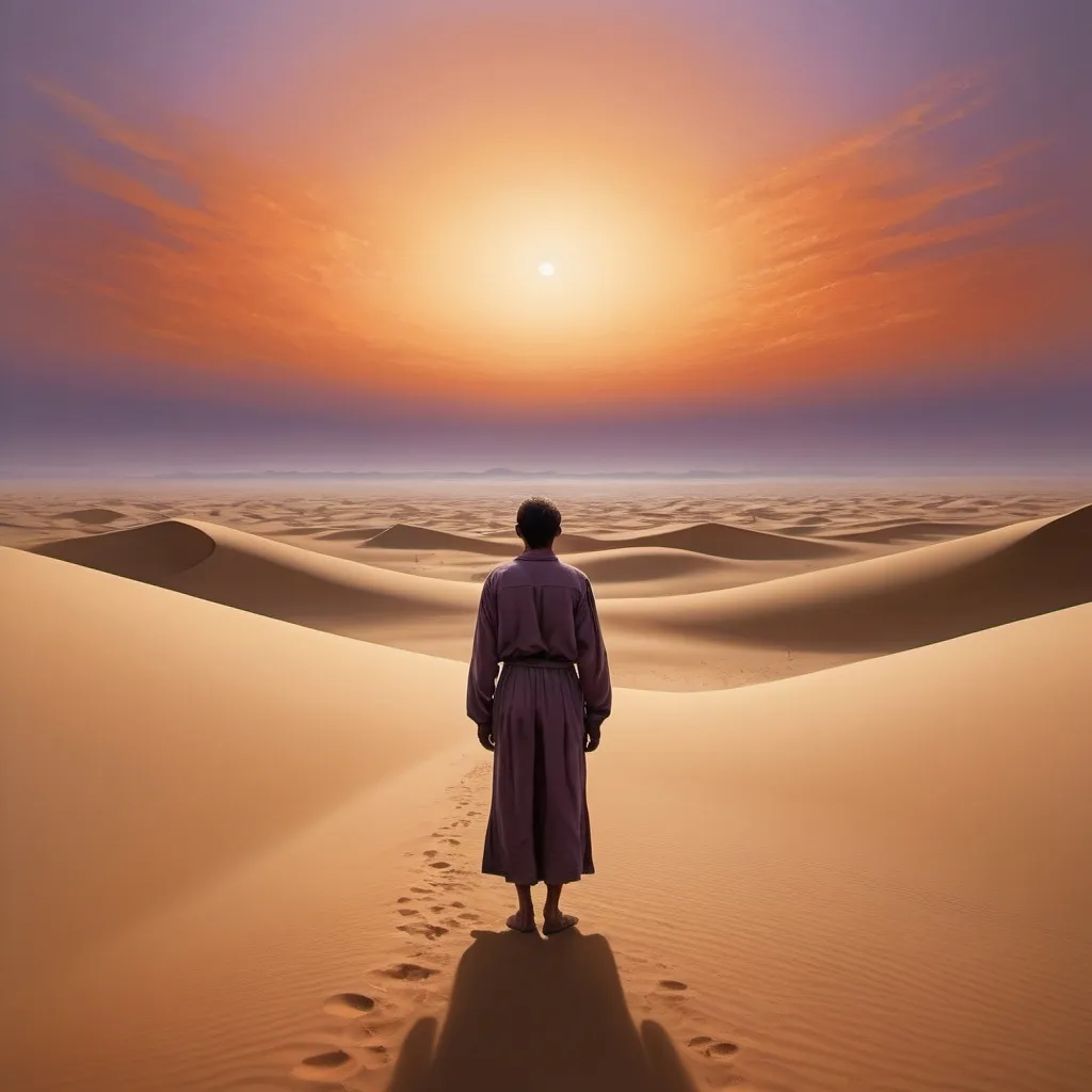 Prompt: Imagine a scene where a solitary figure stands in the middle of a vast desert, gazing out towards the distant horizon. The person's face is not visible, viewed from behind or from the side, and their posture conveys a deep sense of loneliness, isolation, and sorrow.

Description for AI:

Setting: A boundless desert with golden and orange sands stretching endlessly into the distance. The sky above is painted with the warm hues of a sunset or dawn, blending shades of orange, red, and purple that gradually fade into the distance.

The Figure: A lone person dressed in simple, flowing clothes that gently ripple in the soft desert breeze. Their posture, with slumped shoulders and arms hanging loosely at their sides, evokes a deep sense of loneliness and exhaustion. The face is unseen, with only the back or a partial profile visible.

Horizon: A distant and empty horizon, showing nothing but sand and sky, with no sign of life or hope. The horizon merges with the warm colors of the sky, creating a sense of uncertainty and endlessness.

Overall Atmosphere: The overall atmosphere of the image should evoke a feeling of silence and stillness. This silence, combined with the warm yet muted colors and the solitary figure, creates an overwhelming sense of loneliness, melancholy, and desolation.

