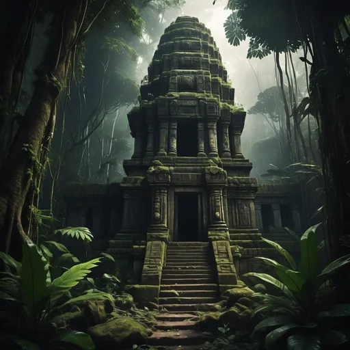 Prompt: Dense forest, jungle, dark,old ancient temple 