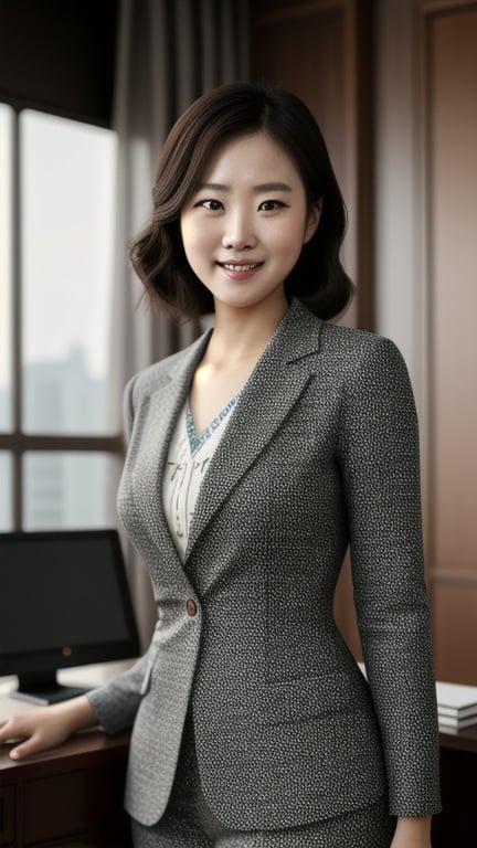 Prompt: photo of smiling fdr, a Korean woman, arms behind back, (ultra realistic 8k CG), trending on ArtStation, trending on CGSociety, Intricate, High Detail, Sharp focus, dramatic, photorealistic, (detailed pupils:1.3), full body, in front of desk
