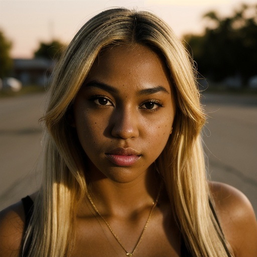 Prompt: art portrait photo of beautiful 
 actress, hip-hop clip style, outskirts, ghetto, mess, tanned skin, round lips, blonde hair, outdoor, golden hour, professional photography, ultra quality, contrast lighting, shadow play