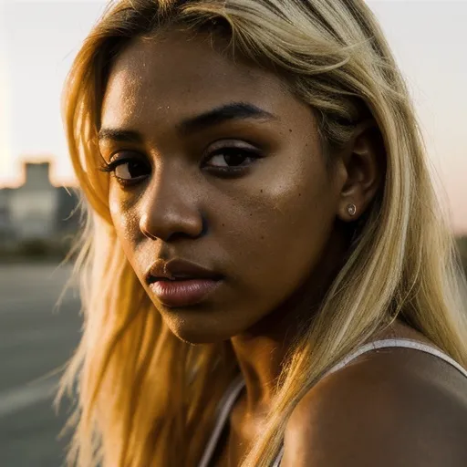 Prompt: art portrait photo of beautiful 
 actress, hip-hop clip style, outskirts, ghetto, mess, tanned skin, round lips, blonde hair, outdoor, golden hour, professional photography, ultra quality, contrast lighting, shadow play