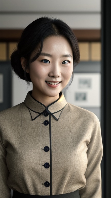 Prompt: photo of smiling fdr, a Korean woman, arms behind back, (ultra realistic 8k CG), trending on ArtStation, trending on CGSociety, Intricate, High Detail, Sharp focus, dramatic, photorealistic, (detailed pupils:1.3), full body, in front of desk