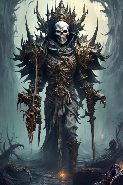 Prompt: skeleton king, scary pose, epic Instagram, artstation, hand drawn illustration, contour, hyperdetailed intricately detailed, fantastical, intricate detail, splash screen, complementary colors, fantasy concept art, 8k resolution, deviantart masterpiece, oil painting, heavy strokes, paint dripping, splash arts