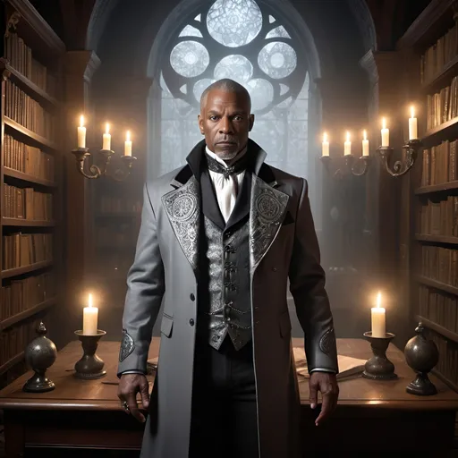 Prompt: In a large executive business room speaking to a small group, a large muscular 60 year-old African American male warlock stands poised in a grey Vintage Tailcoat Jacket Gothic Victorian Coat Uniform adorned with shimmering silver runes that dance like starlight. The walls are etched with arcane symbols. Surrounding the warlock, shelves laden with dusty grimoires and peculiar artifacts that speak of countless secrets waiting to be unveiled. The perspective draws the viewer in closely, capturing the intensity of the warlock's gaze, piercing and enigmatic, as they stand at the center of this mystical sanctuary, illuminated by the soft, ethereal glow of a floating orb of light that hovers just above their shoulder, casting a warm halo that envelops the scene in a sense of enchantment and intrigue