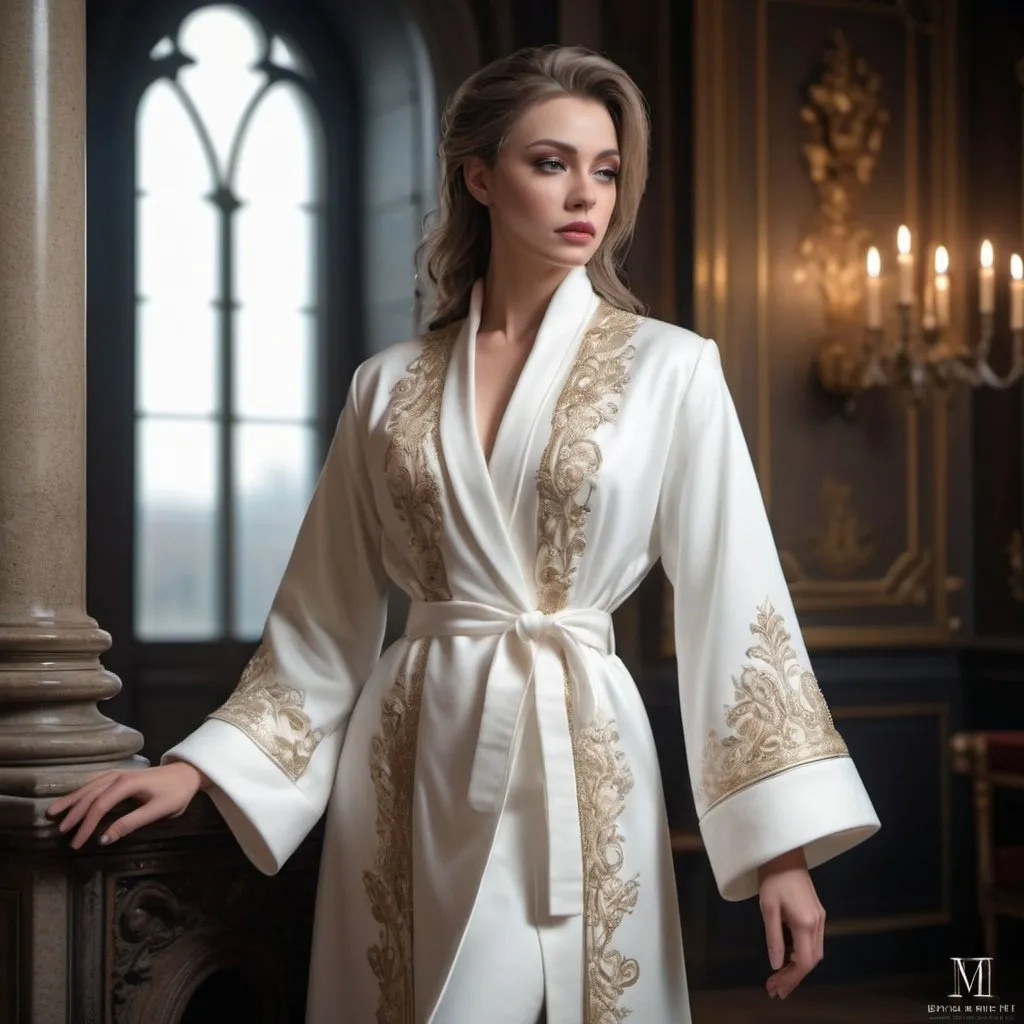 Prompt: <mymodel>Colby Minifie, wearing a fine robe, thin and delicate in the style of a French coat with high sleeves and ornate details emphasizing elegance and sophistication. Stylish outfit and luxurious. Beautiful, tough. Muscular. Standing. Pose. Realistic image quality. Whole body. 4k quality, photo shoot, Beauxbatons, castle