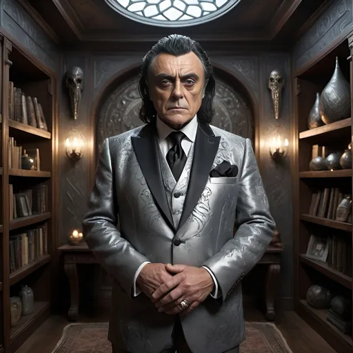 Prompt: In a large executive business room, (a large muscular 60 year-old man who looks like Ian McShane as a warlock) he stands poised with his arms by sides in a grey Vintage Nehru Style Suit - Hidden Buttons adorned with shimmering silver runes that dance like starlight. The walls are etched with arcane symbols. Surrounding the warlock, shelves laden with dusty grimoires and peculiar artifacts—speak of countless secrets waiting to be unveiled. The perspective draws the viewer in closely to his clam and knowing manner, capturing the intensity of the warlock's gaze, enigmatic, as they stand at the center of this mystical sanctuary, illuminated