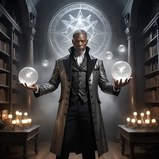 Prompt: In a large executive business room, a large muscular 60 year-old African American male warlock stands poised in a grey Vintage Tailcoat Jacket Gothic Victorian Coat Uniform adorned with shimmering silver runes that dance like starlight. The walls are etched with arcane symbols. Surrounding the warlock, shelves laden with dusty grimoires and peculiar artifacts—crystal orbs swirling with mist, a glass vial filled with a shimmering liquid, and  figurine—speak of countless secrets waiting to be unveiled. The perspective draws the viewer in closely, capturing the intensity of the warlock's gaze, piercing and enigmatic, as they stand at the center of this mystical sanctuary, illuminated by the soft, ethereal glow of a floating orb of light that hovers just above their shoulder, casting a warm halo that envelops the scene in a sense of enchantment and intrigue