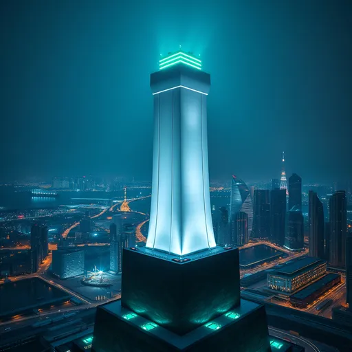 Prompt: (massive white square light tower), towering structure, eclipsing the urban skyline, wide black stone base, modern city and port in the background, vibrant bright green lights illuminating the top, cinematic perspective, dramatic contrast between the light tower and the city, sleek contemporary architecture, bustling atmosphere, ultra-detailed, high-definition, cool-toned lighting, evocative of progress and innovation.