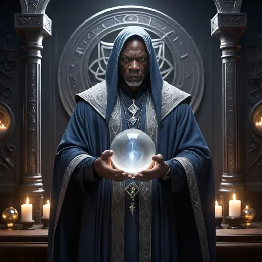 Prompt: In a large executive business room, a large muscular 60 year-old African American male warlock stands poised, draped in flowing grey robes woven from midnight-blue silk, adorned with shimmering silver runes that dance like starlight. The walls are etched with arcane symbols. Surrounding the warlock, shelves laden with dusty grimoires and peculiar artifacts—crystal orbs swirling with mist, a glass vial filled with a shimmering liquid, and  figurine—speak of countless secrets waiting to be unveiled. The perspective draws the viewer in closely, capturing the intensity of the warlock's gaze, piercing and enigmatic, as they stand at the center of this mystical sanctuary, illuminated by the soft, ethereal glow of a floating orb of light that hovers just above their shoulder, casting a warm halo that envelops the scene in a sense of enchantment and intrigue