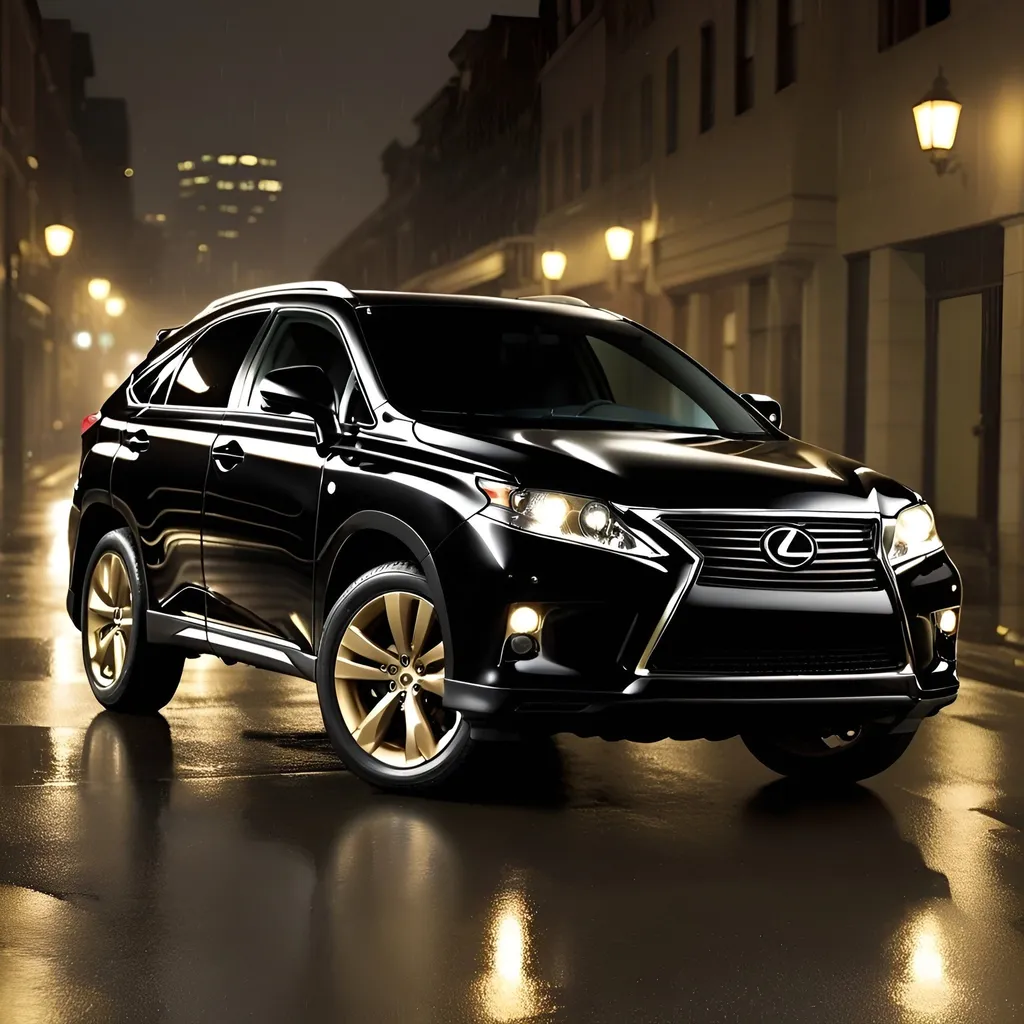 Prompt: <mymodel>2012 Lexus RX suv, black with gold trim on a wet street at night