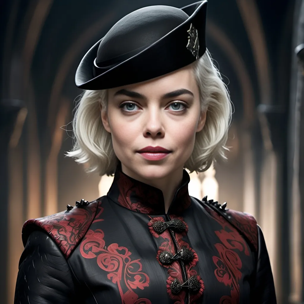 Prompt: a full body picture of a thick fit Melissa George with short almost bald white hair. wearing a sharp red and black Men's Medieval Jacquard Coat  Stylish outfit and luxurious clothes. game of thrones background