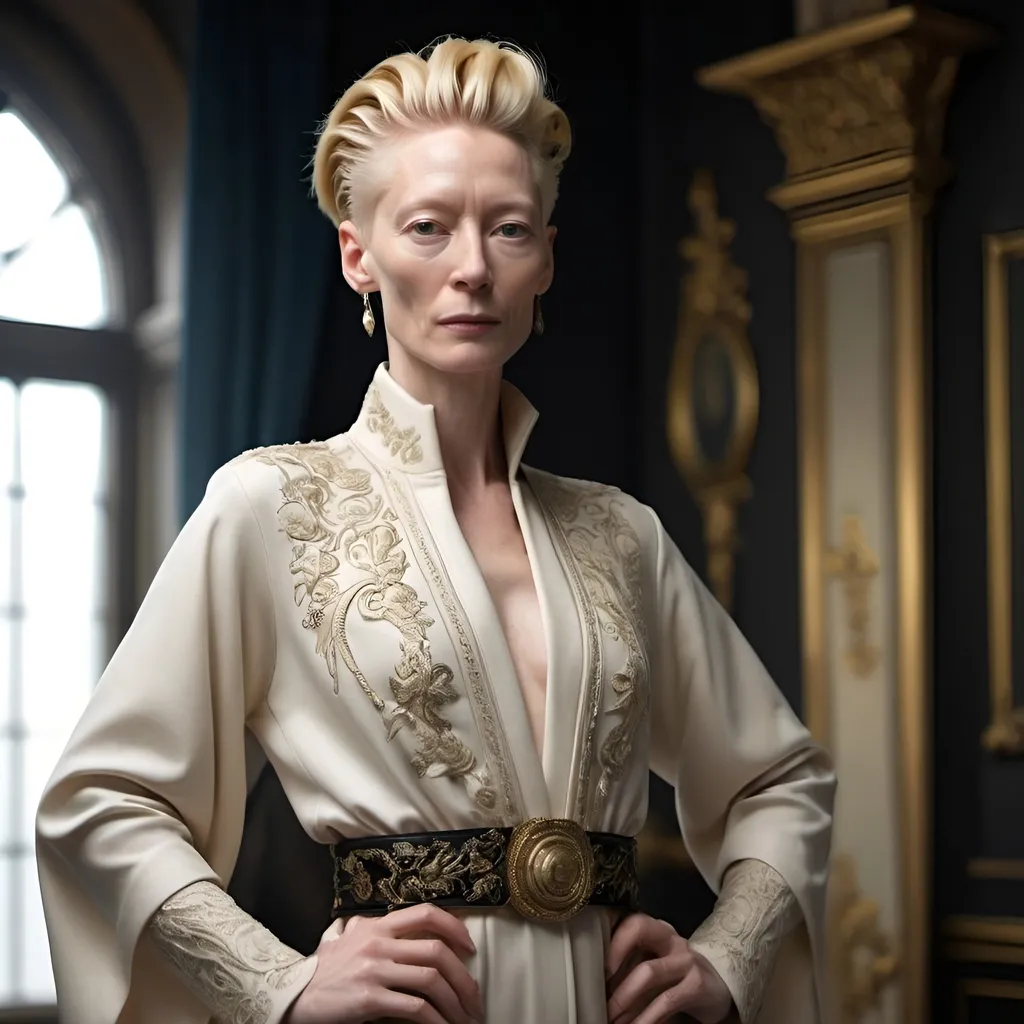 Prompt: <mymodel>Tilda Swinton, cornrowed hair, wearing a fine robe, thin and delicate in the style of a French coat with high sleeves and ornate details emphasizing elegance and sophistication. Stylish outfit and luxurious. Beautiful, tough. Very Muscular with very large chest and cleavage. Standing. Pose. Realistic image quality. Whole body. 4k quality, photo shoot, Beauxbatons, castle