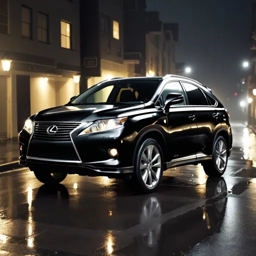 Prompt: <mymodel>2012 Lexus RX suv, black on a wet street at night