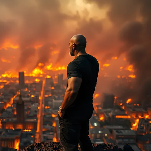 Prompt: (muscular sixty-year-old bald darkskin black man), wearing a (black t-shirt, black khaki pants), inspecting a (vast burning city) from above, exuding a (contemplative) demeanor, amidst a backdrop of (intense vibrant flames and smoke), casting dramatic shadows, the scene is filled with (high contrast lighting), atmosphere conveys a (sense of foreboding and resilience), in (ultra-detailed 4K) quality.