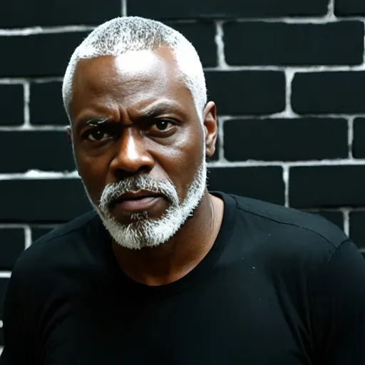 Prompt: a sixty year-old Darkskin black man with a black  shirt and a white beard is looking at the camera with a serious look on his face, with a black brick wall background, black arts movement, masculine, a character portrait