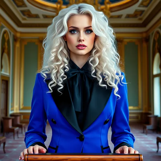 Prompt: A full body view of woman with long white very thick and curly hair and long purple eyes with pink lips  wearing a vibrant indigo blue suit coat with black lapels with a black shirt and black Windsor knot tie. She is standing in The Grand Hall of the Turnblad Mansion at a podium. optical illusion, symmetrical features, a colorized HD photo