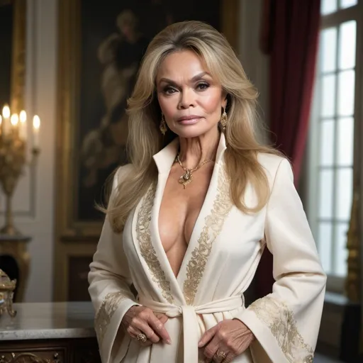 Prompt: <mymodel>Dyan Cannon, wearing a fine robe, thin and delicate in the style of a French coat with high sleeves and ornate details emphasizing elegance and sophistication. Stylish outfit and luxurious. Beautiful, tough. Very Muscular with very large chest and cleavage. Standing. Pose. Realistic image quality. Whole body. 4k quality, photo shoot, Beauxbatons, castle