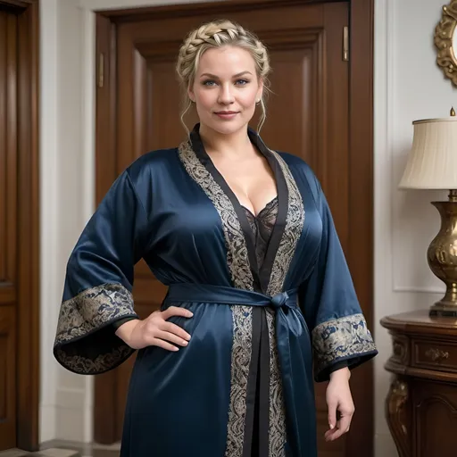 Prompt: Huge full body muscular overweight woman, very short braided blonde hair, intricate face, slight smile very full thick lips, very big cleavage standing in a foyer, fill light, very thick muscular, flat stomach, caucasian, 40 years old, wearing a fine black and blue robe, thin and delicate in the Victorian style of a French coat with high sleeves and ornate details emphasizing elegance and sophistication, thick tights