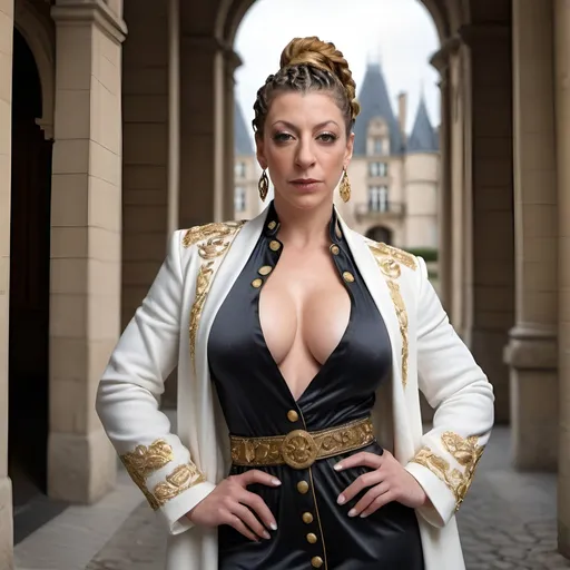 Prompt: <mymodel>Sara Jay, cornrowed hair, wearing a fine robe, thin and delicate in the style of a French coat with high sleeves and ornate details emphasizing elegance and sophistication. Stylish outfit and luxurious. Beautiful, tough. Very Muscular with very large chest and cleavage. Standing. Pose. Realistic image quality. Whole body. 4k quality, photo shoot, Beauxbatons, castle