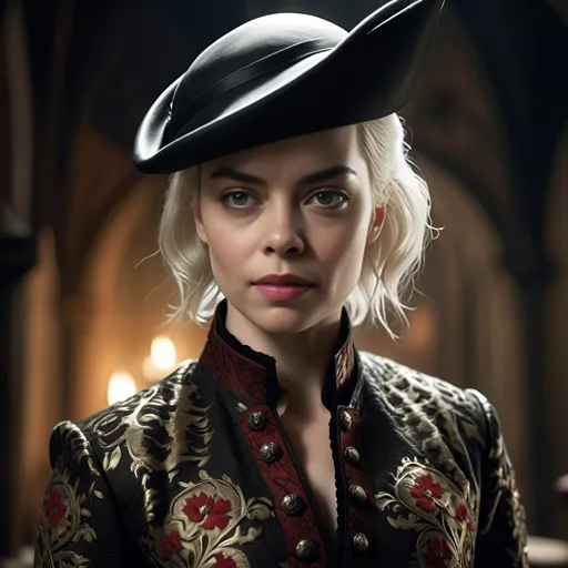 Prompt: a full body picture of a thick fit Melissa George with short almost bald white hair. wearing a sharp red and black Men's Medieval Jacquard Coat  Stylish outfit and luxurious clothes. game of thrones background