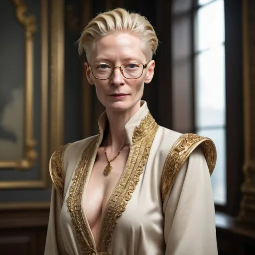 Prompt: <mymodel>Tilda Swinton, cornrowed hair, small gold frame glasses, slight smile, large cleavage, wearing a fine robe, thin and delicate in the style of a French coat with high sleeves and ornate details emphasizing elegance and sophistication. Stylish outfit and luxurious. Beautiful, tough. Very Muscular with very large chest and cleavage. Standing. Pose. Realistic image quality. Whole body. 4k quality, photo shoot, Beauxbatons, castle