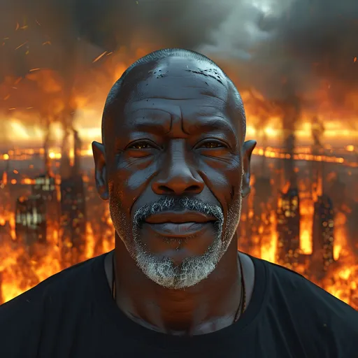 Prompt: a (muscular sixty-year-old bald darkskin black man), wearing a (black t-shirt, black khaki pants), inspecting a (vast burning city) from above, with a cynical smile exuding a (contemplative) demeanor, overlooking a burning city (intense vibrant flames and smoke), casting dramatic shadows, the scene is filled with (high contrast lighting), atmosphere conveys a (sense of foreboding and resilience), in (ultra-detailed 4K) quality.