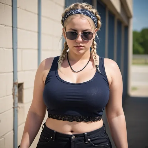 Prompt: Beautiful Gorgeous attractive woman walking down death row prison, with very short blond braids detailed clothing, wearing black lace crop top black jeans thick lady lumps Curvy woman's size 16 body, fair skin, pretty face, small silver sun glasses, realistic, natural lighting, revealing skin navy blue bandana tied Around chest showing off her Curvy body skin revealing crop top thighs thick