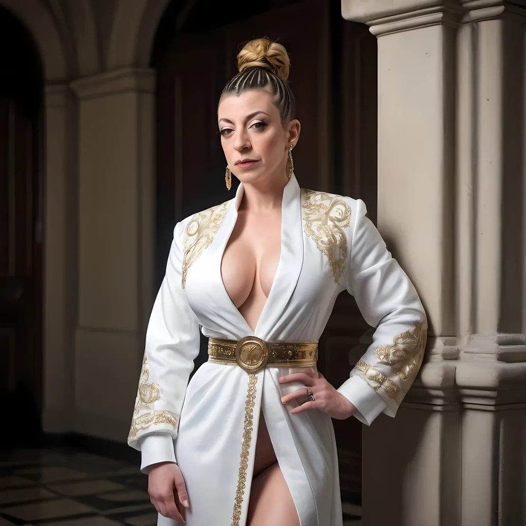 Prompt: <mymodel>Sara Jay, cornrowed hair, wearing a fine robe, thin and delicate in the style of a French coat with high sleeves and ornate details emphasizing elegance and sophistication. Stylish outfit and luxurious. Beautiful, tough. Very Muscular with very large chest and cleavage. Standing. Pose. Realistic image quality. Whole body. 4k quality, photo shoot, Beauxbatons, castle