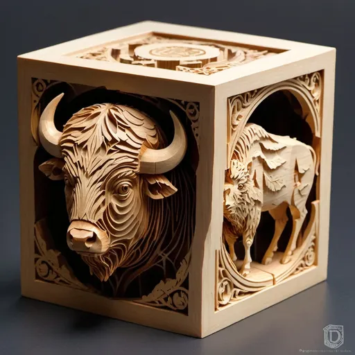 Prompt: A solid wood cube. Three sides of the cube are evenly viewable. A bison head is on one side of the cube. The number "3" is carved in relief on another side of the cube. A letter "D" is ornately carve in relief from the third visible side of the cube.