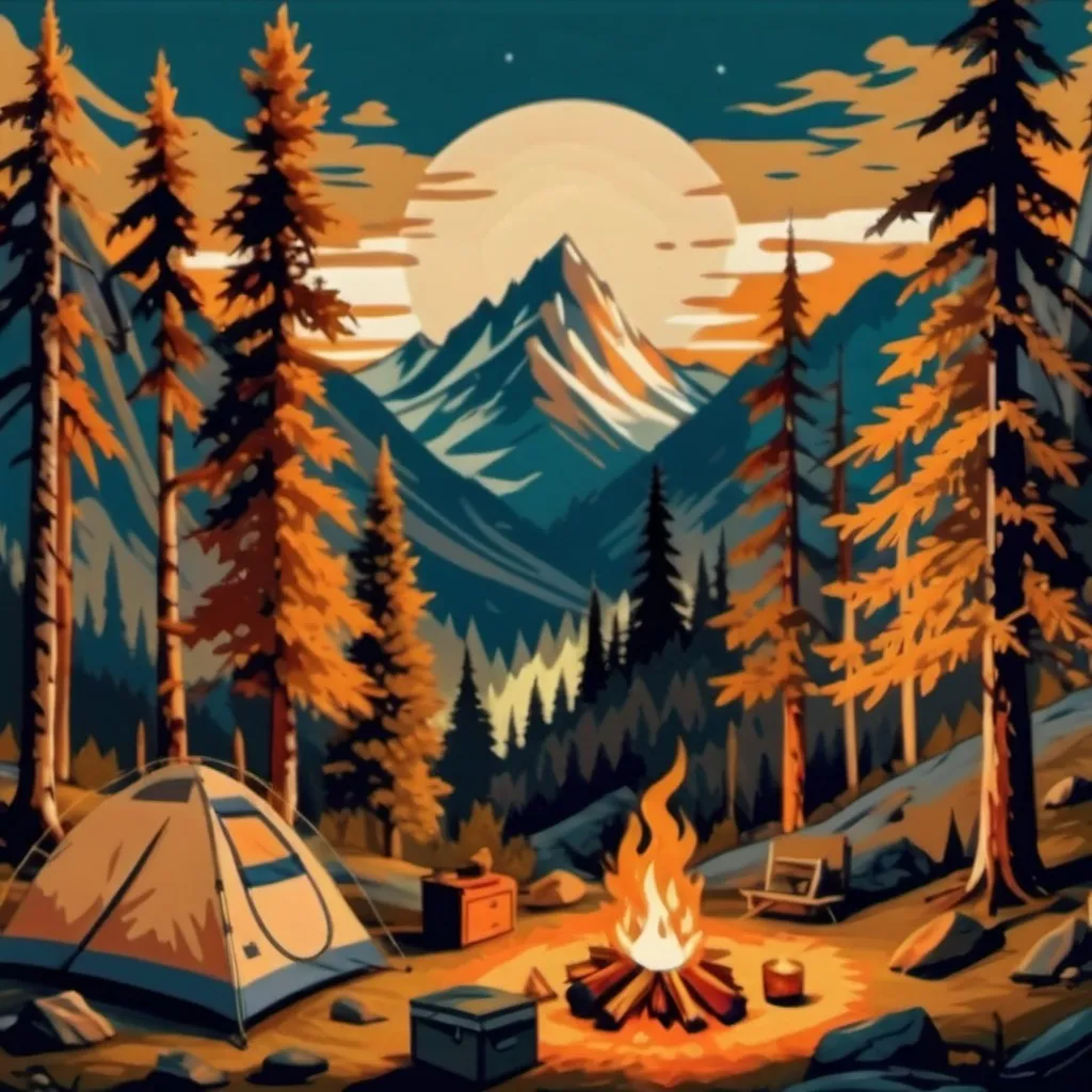 Prompt: camping scene in the woods in the mountains