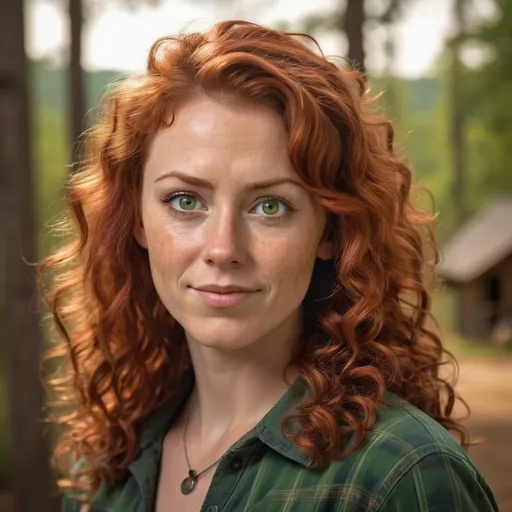 Prompt: photorealistic headshot, a charming young hillbilly woman, 35 years old, shoulder length curly red hair, cute face, button nose, vibrant big green eyes, energetic expression, warm lighting, natural background, subtle rustic elements, crisp quality, ultra-detailed, inviting atmosphere, showcasing killer personality traits, emphasizing friendliness and approachability.