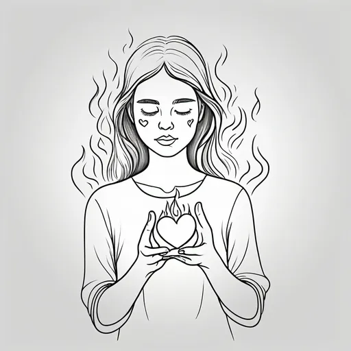 Prompt: one-line drawing girl in her palms have heart with fire