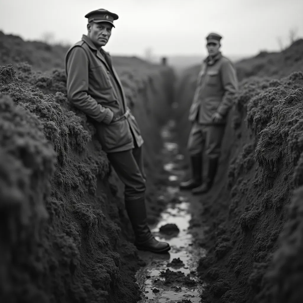 Prompt: A portrait of our trench at dawn. Mud covers our boots, and fatigue is etched on our faces.
in black and white