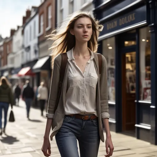 Prompt: Tall young woman walking down the high street, detailed clothing, realistic, natural lighting
