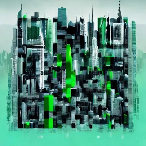 Prompt: Futurist landscape of a city full of skyscrapers, neo realistic style, with the color of matrix (black, white and green)