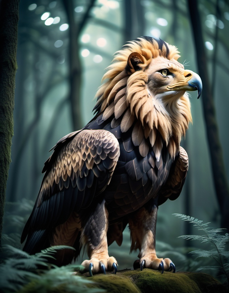 Prompt: Eagle-lion hybrid in a mystical forest, animal hybrid of an eagle and a lion, mix of lion and eagle, high quality, atmospheric lighting
