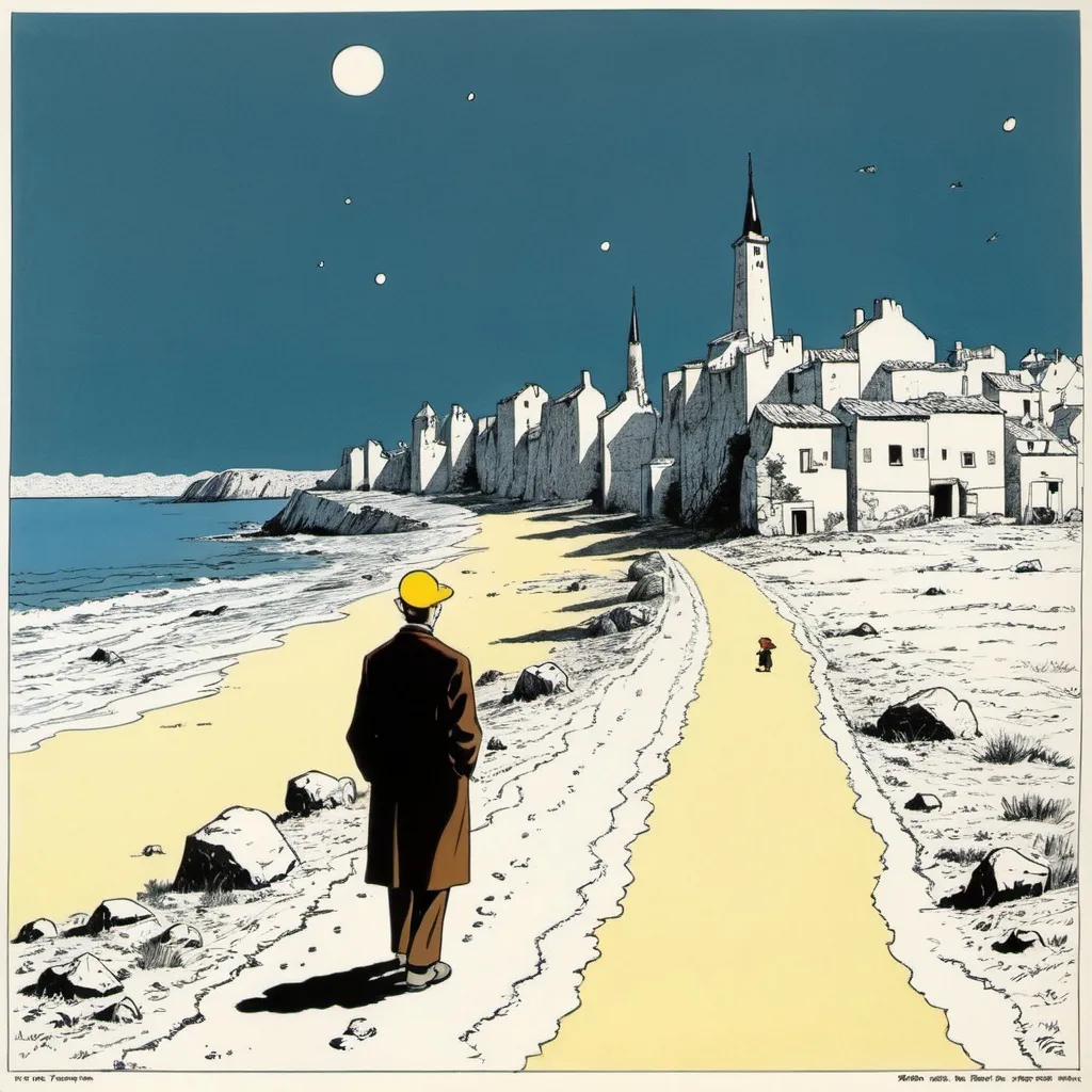 Prompt: pen and ink, illustrated by hergé, man alone forever. Sadness, stunning color scheme, masterpiece