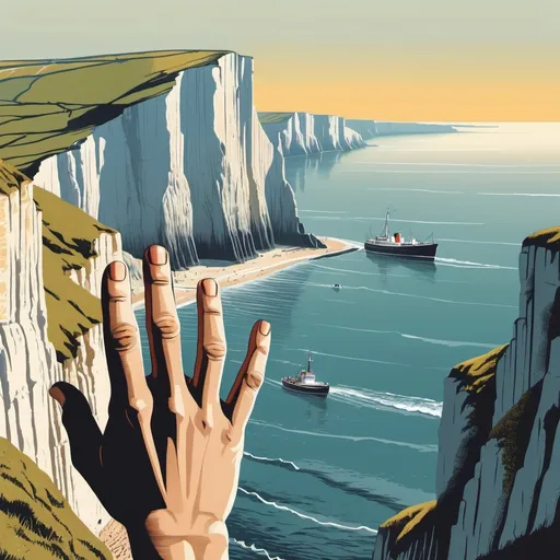 Prompt: captivating background illustration, Cliffs of Dover in the background. vintage poster paint book cover style design, with shadows and effect that gives the design captivating, super detailed, extremely detailed, detailed hands, whole body, with the Cliffs of Dover in their background