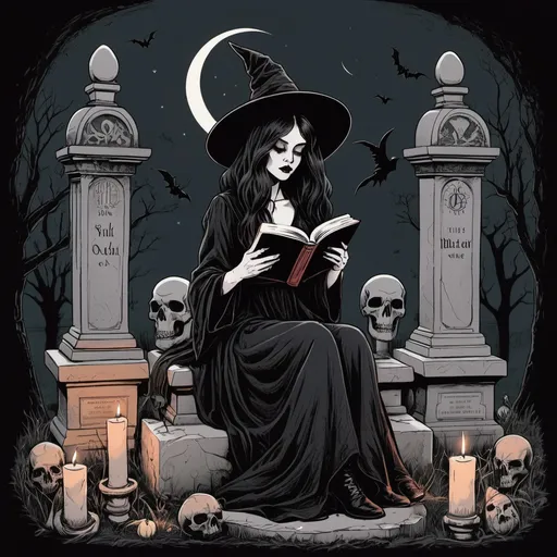 Prompt: Witch sitting on a grave reading a book, Vintage Gothic Dark Academia Aesthetic Occult Goth Witchcraft Witchy, line art