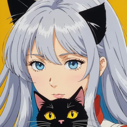 Prompt: a silver-haired girl with striking blue eyes. Tucked close to her face, a cute black cat with piercing yellow eyes stares intently, 1970s anime screencap