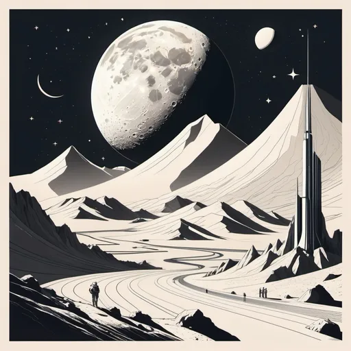 Prompt: Beautiful award winning 1950s simple flat 2D thin line art editorial infographics of a moon base, pale colors, perfect focus, neutral white background, epic angle, epic composition, hyper maximalist