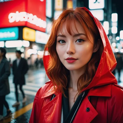 Prompt: 8k photo portrait of a redhead woman in a red raincoat, looking at the camera, at a bustling crosswalk in shibuya at night, Highly Detailed, Vibrant, Production Cinematic, reflections on wet street, 8k, film grain, 70mm, Portra 800