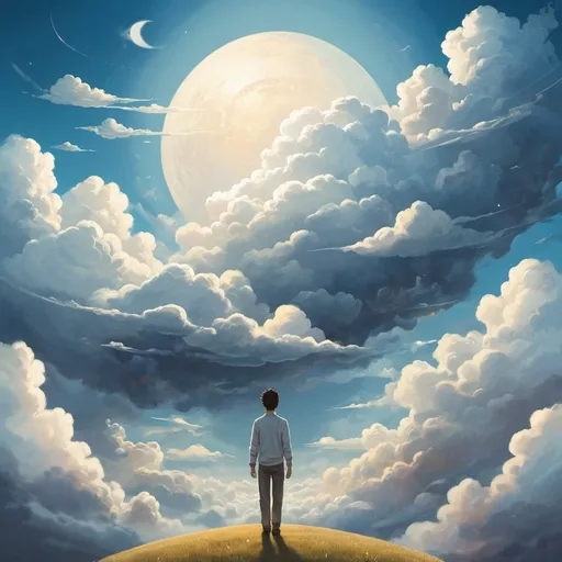 Prompt: illustration, book cover, sky with clouds, a human